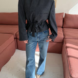 Belted blazer in blue houndstooth