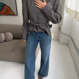 Speckered grey belted cropped blazer