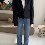 Cinched waist cropped blazer in navy with light blue stripes