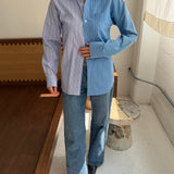 Blue with pink toned stripes and blue pinstriped contrasted shirt