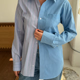 Blue with pink toned stripes and blue pinstriped contrasted shirt