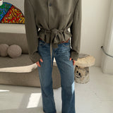 Belted blazer in dusty green speckered