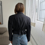 Cinched waist cropped blazer in dark grey pinstriped