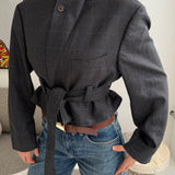 Belted blazer in grey houndstooth with blue overcheck