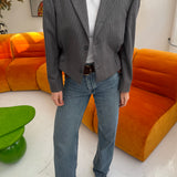Pale grey pinstriped cinched waist cropped blazer