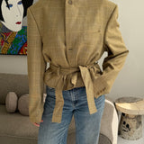 Yellow checkered belted blazer