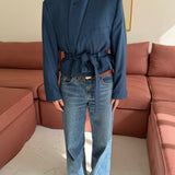 Belted blazer in blue herringbone