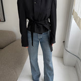 Grey pinstriped Belted blazer