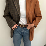 Cognac and chocolate plaid wool contrasted blazer