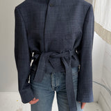 Bright blue checkered belted blazer