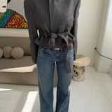 Belted blazer in grey wool lightly checkered