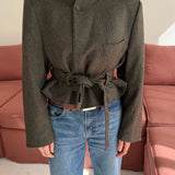 Belted blazer in Green herringbone