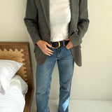 Grey and blue solid and plaid contrasted blazer