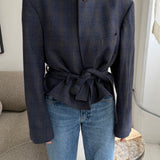 Belted blazer in blue checkered