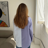 Purple with pink stripes and blue striped contrasted shirt