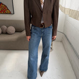 Cinched waist cropped blazer in brown Pinstriped
