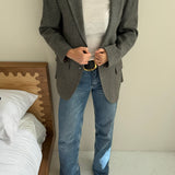 Grey and blue solid and plaid contrasted blazer