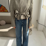 Belted blazer in light grey with white and blue checks