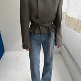 Belted blazer in houndstooth green toned