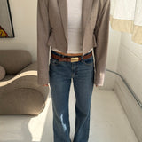 Cinched waist cropped blazer in textured pale grey