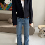 Cinched waist cropped blazer in navy with light blue stripes