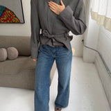 Speckered grey belted cropped blazer