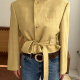 Pale Yellow checkered belted blazer (Ready to ship)