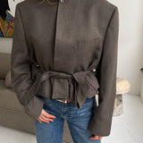 Belted blazer in Textured brown