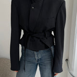 Grey pinstriped Belted blazer