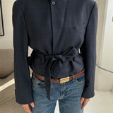 Belted blazer in Checkered blue