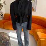 Belted blazer in dark blue with metallic buttons