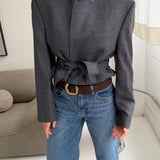 Belted blazer in Blue greyish houndstooth