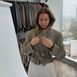 Stunning pale grey belted cropped blazer