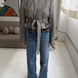 Belted blazer in White and blue checkered