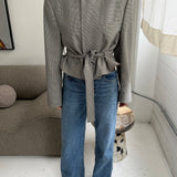 Belted blazer in Brown and blue houndstooth