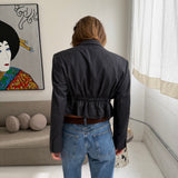 Cinched waist cropped blazer in dark grey pinstriped