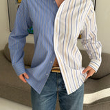 Blue with white and black stripes and white with blue and yellow stripes contrasted shirt