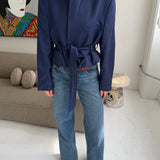 Blue checkered belted blazer