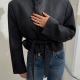 Belted cropped blazer in grey