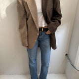 Brown wool and pale plaid contrasted blazer