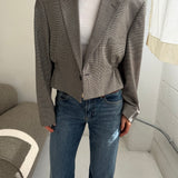 Cinched waist cropped blazer in white and blue houndstooth