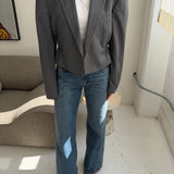 Cinched waist cropped blazer in grey with blue stripes