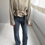 Light beige checkered belted blazer