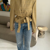 Yellow checkered belted blazer