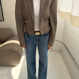 Cinched waist cropped blazer in Beige Checkered