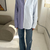 Purple with pink stripes and blue striped contrasted shirt