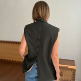 Double-breasted button back vest in green houndstooth