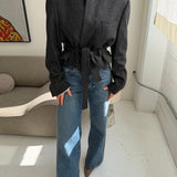 Belted blazer in speckered black wool