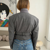 Belted blazer in grey wool lightly checkered