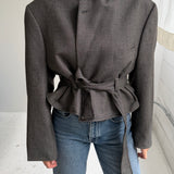 Belted blazer in dark hexagon pattern